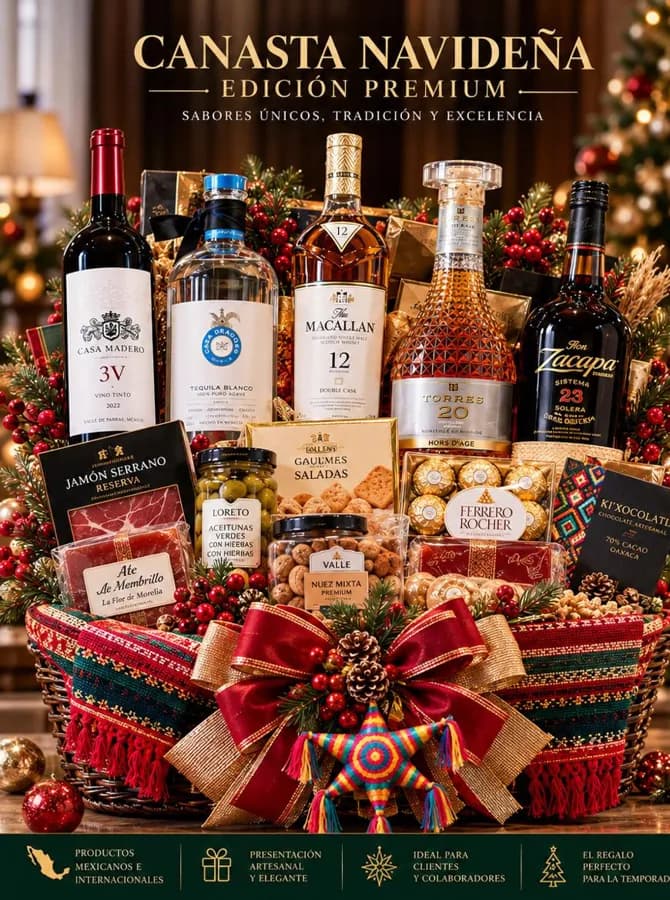 Canasta Imperial: Nuestra canasta más exclusiva. The Macallan 12, Ron Zacapa 23, Casa Dragones Blanco, Brandy Torres 20 y Casa Madero 3V, con botanas y chocolates gourmet.