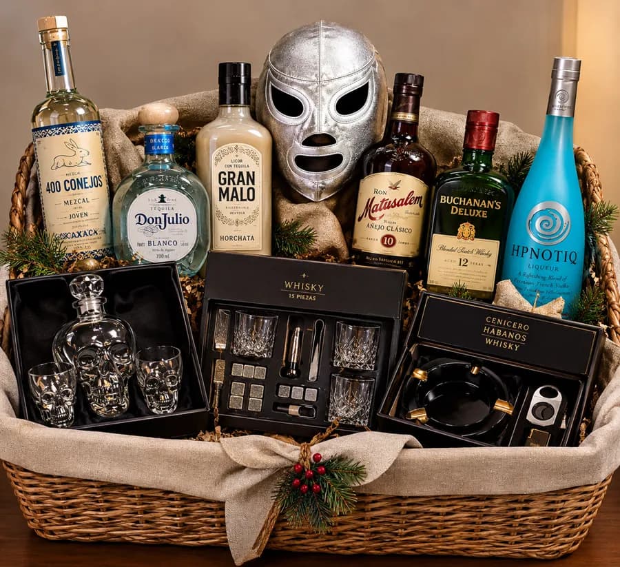 Canasta Santas Festividades: Colección de destilados (mezcal, tequila, ron, whisky y licores) con set decantador, estuche de cata de whisky, cenicero para habanos y máscara de El Santo.